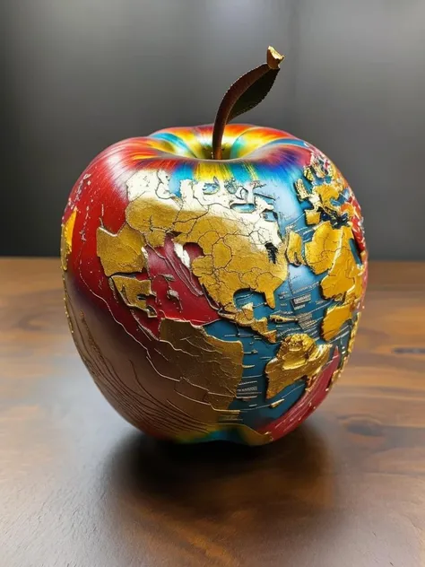 Augarten porcelain, golden world map on huge porcelain apple with deep fine cracks, kintsugi, colorful, cracked surface, kintsugi, expansive details, amazing depth, intricitaly hyperdetailed, soft focus, depth of field, iridescent gold kintsugi filling