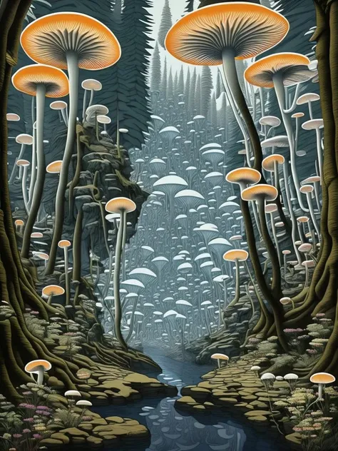 A forest of giant mushrooms with bioluminescent caps, a river flowing between them, and a castle made of crystal in the distance. Dreamlike, intricate, highly detailed, digital painting, artstation, matte, sharp focus, illustration, art by Julie Dillon and Craig Mullins.