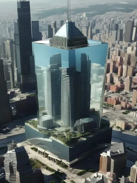 aerial view of a giant fish tank shaped like a tower in the middle of new york city, 8k octane render, photorealistic