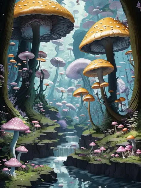 A forest of giant mushrooms with bioluminescent caps, a river flowing between them, and a castle made of crystal in the distance. Dreamlike, intricate, highly detailed, digital painting, artstation, matte, sharp focus, illustration, art by Julie Dillon and Craig Mullins.