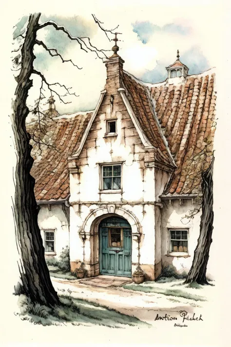anton pieck style, tree, scenery, traditional media, outdoors, building, no humans, window, watercolor (medium), painting (medium), english text, door, house, artist name, <lora:Anton_Pieck_Style:1>