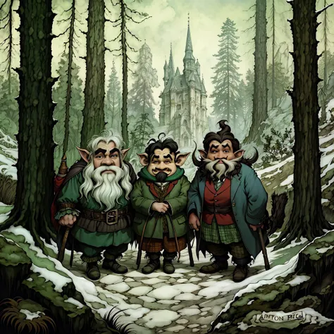 (masterpiece, top quality, best quality, official art, beautiful and aesthetic:1.2), three ugly trolls in a forest, Anton Pieck style  <lora:Anton_Pieck_Style:1.0>