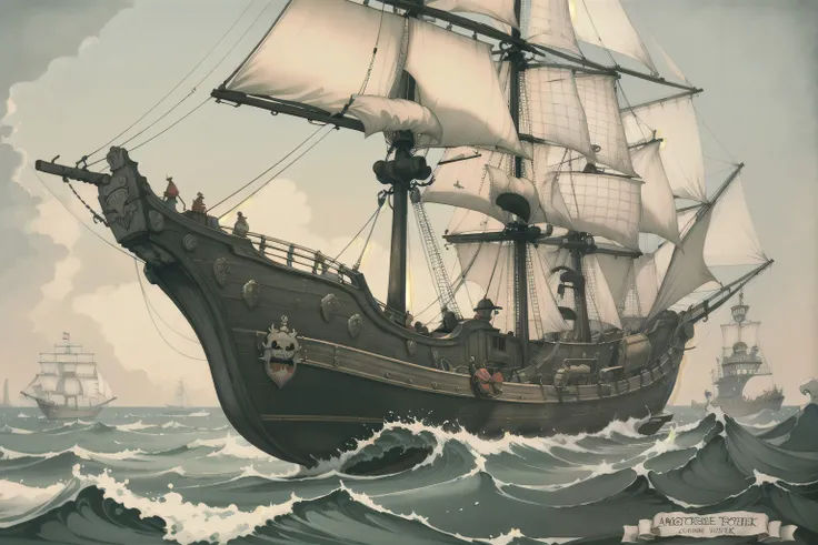 (masterpiece, top quality, best quality, official art, beautiful and aesthetic:1.2), a pirate ship on the ocean, Anton Pieck style <lora:Anton_Pieck_Style:1.0>