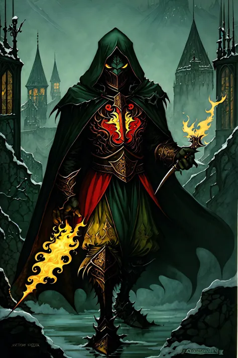 (masterpiece, top quality, best quality, official art, beautiful and aesthetic:1.2), Nazgul Angmar flaming sword, Anton Pieck style <lora:Anton_Pieck_Style:1.0>