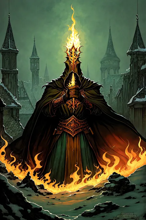 (masterpiece, top quality, best quality, official art, beautiful and aesthetic:1.2), Nazgul Angmar flaming sword, Anton Pieck style <lora:Anton_Pieck_Style:1.0>
