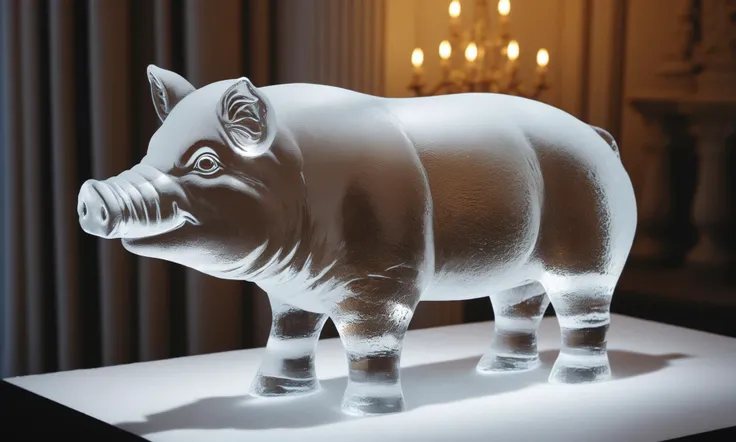 <lora:icecarvingcd_xl-000013:0.8>,close-up,a boar sculpture made of (icecarvingcd_xl,transparent:1.2,see-through:1.2,air bubble,cracked:1.3,broken:1.3,melting ice:1.3) on table,chilled,indoors,living room,simple background,no humans,fine art,detailed,hi-res photo, emotional,harmonious,high budget,moody,epic,gorgeous,perfect lighting,realistic,photorealistic,photographic,photo (medium),real,moody lighting,volumetric lighting,reality ray tracing,8K,HDR,UHD,masterpiece,best quality,highly detailed,high resolution,finely detail,extremely detailed,ultra detailed,wallpaper