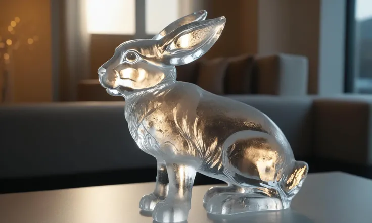 <lora:icecarvingcd_xl-000013:0.8>,close-up,a hare sculpture made of (icecarvingcd_xl,transparent:1.2,see-through:1.2,air bubble,cracked:1.3,broken:1.3,melting ice:1.3) on table,chilled,indoors,living room,simple background,no humans,fine art,detailed,hi-res photo, emotional,harmonious,high budget,moody,epic,gorgeous,perfect lighting,realistic,photorealistic,photographic,photo (medium),real,moody lighting,volumetric lighting,reality ray tracing,8K,HDR,UHD,masterpiece,best quality,highly detailed,high resolution,finely detail,extremely detailed,ultra detailed,wallpaper