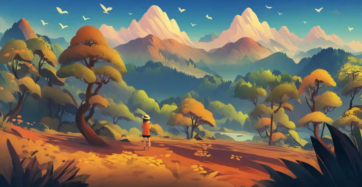 illustration,outdoors,shorts,cloud,tree,bird,plant,scenery,mountain,wide shot,mountainous horizon,masterpiece,best quality,1girl,hat,
<lora:scenery illustration:1>,