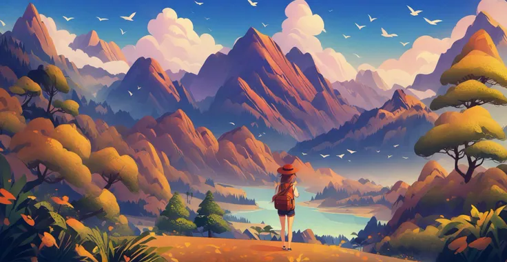 illustration,outdoors,shorts,cloud,tree,bird,plant,scenery,mountain,wide shot,mountainous horizon,masterpiece,best quality,1girl,hat,
<lora:scenery illustration:1>,