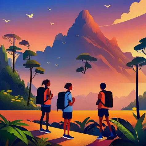 illustration,outdoors,sky,shorts,cloud,dark skin,bag,tree,bird,backpack,plant,scenery,sunset,mountain,wide shot,mountainous horizon,masterpiece,best quality,
<lora:scenery illustration:1>,