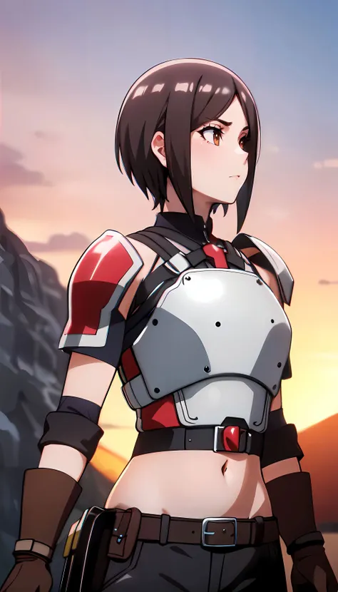 photorealistic, (4k), (Masterpiece), (realistic skin texture), extremely detailed, intricate, hyper detailed, high resolution, sharp detail, best quality, girl, red breastplate, leather gloves, belt, shorts, short brown hair, brown eyes, <lora:Miria-000004:0.7> , navel, looking into the distance , mountainous horizon, mean look, sunset,