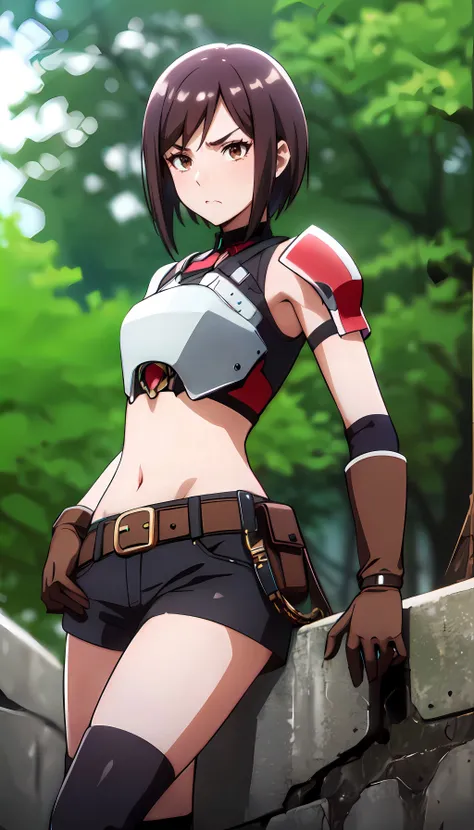 photorealistic, (4k), (Masterpiece), (realistic skin texture), extremely detailed, intricate, hyper detailed, high resolution, sharp detail, best quality, girl, red breastplate, leather gloves, belt, shorts, short brown hair, brown eyes, <lora:Miria-000004:0.7> , upset, forest, navel, straddling ,