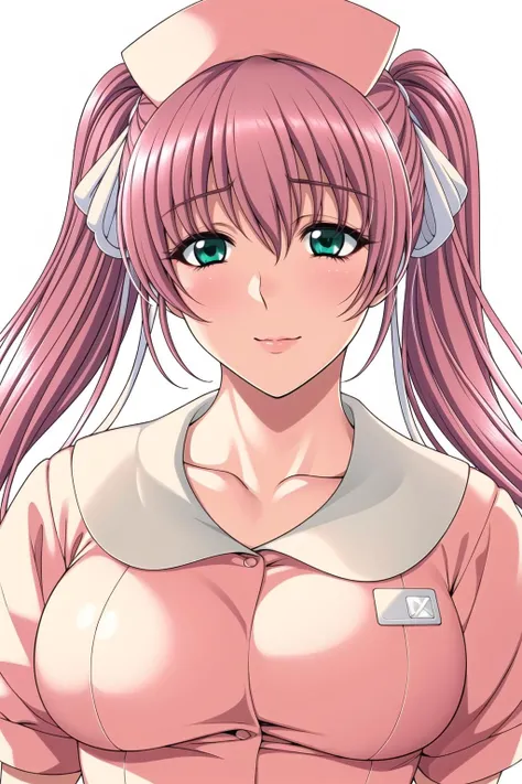 Simple White Background,
name tag, nurse, nurse cap, short sleeves,pink uniform, pink hat,
<lora:Yuu_Yagami_NightShift3-KK77-V1:0.7>,
green eyes, hair ribbon,twintails,long hair,pink_hair,
<lora:Mariana_Luciano_NON_VIRGIN-KK77-V1:0.3>,<lora:more_details:0.1>,
1 girl, 20yo,Young female,Beautiful Finger,Beautiful long legs,Beautiful body,Beautiful Nose,Beautiful character design, perfect eyes, perfect face,expressive eyes,perfect balance,
looking at viewer,(Focus on her face),closed mouth, (innocent_big_eyes:1.0),
official art,extremely detailed CG unity 8k wallpaper, perfect lighting,Colorful, Bright_Front_face_Lighting,shiny skin,
(masterpiece:1.0),(best_quality:1.0), ultra high res,4K,ultra-detailed,
photography, 8K, HDR, highres, absurdres:1.2, Kodak portra 400, film grain, blurry background, bokeh:1.2, lens flare, (vibrant_color:1.2),professional photograph,
(Beautiful,large_Breasts:1.4), (beautiful_face:1.5),(narrow_waist),