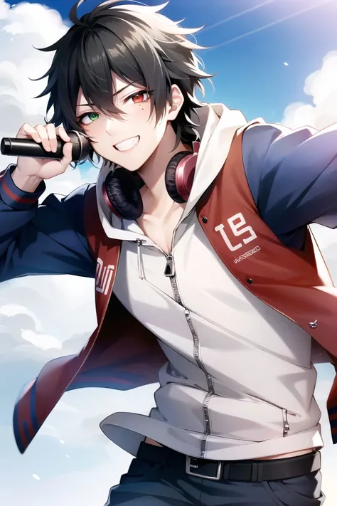 yamada ichiro\(hypnosis mic\), 1boy, solo, looking at viewer, buster bros, male focus, 19 years old, red eyes, bangs, black hair, hair between eyes, heterochromia, green eyes, mole under eye, red jacket, multicolored jacket, blue jacket, shirt, long sleeves, holding microphone, outdoors, open clothes, sky, day, cloud, grin, open jacket, blue sky, ring, hood down, zipper, white hoodie, cloudy sky, hooded jacket, black belt, belt buckle, blue pants, red microphone, headphones around neck, singing,