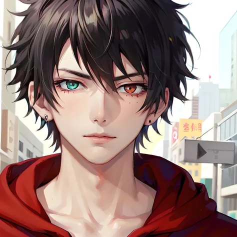 yamada ichiro\(hypnosis mic\), 1boy, solo, looking at viewer, the dirty dawg, 17 years old, (short hair:1.2), red eyes, bangs, black hair, hair between eyes, heterochromia, green eyes, mole under eye, red hoodie, red hood, stud earrings, close-up