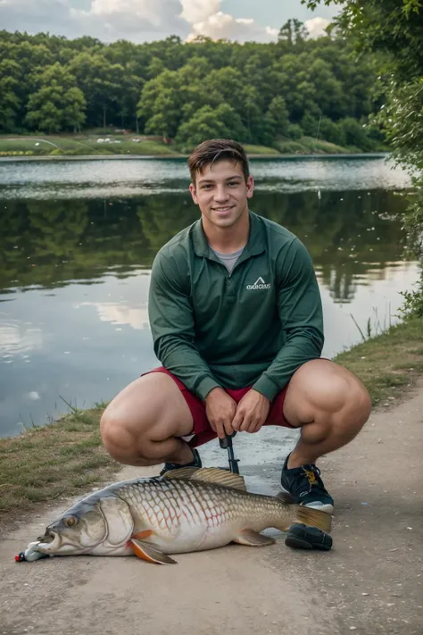 On the bank of a lake, lake in the background, smiling, (age 21), NikitaGutsu is fishing, crouching behind a (large fish on the ground in foreground:1.4), wearing long sleeve shirt, shorts, sneakers, (holding a fishing rod:1.2), (GS-Masculine:1.2), (((full body portrait))), full body shot, wide angle  <lora:NikitaGutsu:0.8>