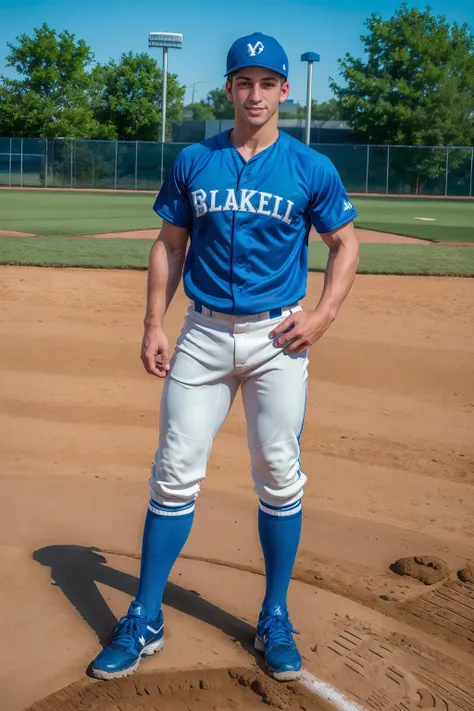 outdoors, baseball field, standing, NikitaGutsu is a baseballplayer, slight smile, baseball uniform, (blue baseball cap), (blue jersey), (pale gold pants), (blue socks), long socks, (black sneakers), looking at viewer, masterpiece, ((full body portrait))   <lora:Clothing - Sexy Baseball Player:0.6>  <lora:NikitaGutsu:0.8>