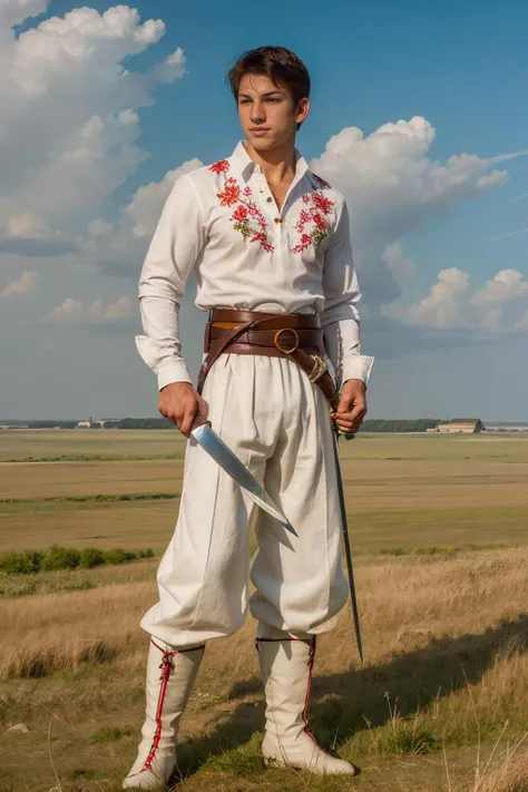 ((grassland)),  ((the steppes) in the background), standing on a hill, NikitaGutsu, (traditional cossack clothing), (white embroidered shirt), armor, (red pants), (sword on belt), slight smile, (((full body portrait))), (full body), wide angle, <lora:NikitaGutsu:0.75>  <lora:Cossak:0.35>