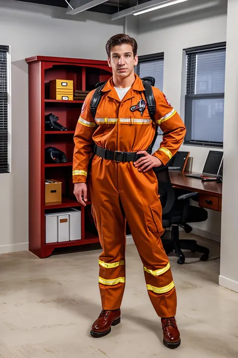 ((fashion photography)), perfect face, perfect eyes, (medium full shot) of  (vivacious firefighter) young woman, spanish, dark brown eyes, tan skin, tan skin, brown eyes, curvy, hazel hair,  wearing Heat-resistant jacket with reflective trim, turnout pants with adjustable waistband, modern firefighter helmet with integrated goggles, steel-toed boots, fire extinguisher, set in  fire station, Dispatch Center, High-tech room with rows of computer monitors, a large digital map display, ergonomic chairs, communication equipment, and a coffee machine , smiling at the viewer, masterpiece, best quality, photorealistic, very aesthetic