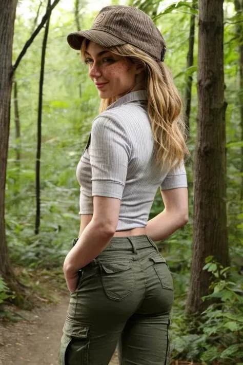 Photo of d3m1h4wk5 woman,hiking in the woods, wearing cargo pants and a loose shirt, <lora:add_detail:1> <lora:d3m1h4wk5:1>