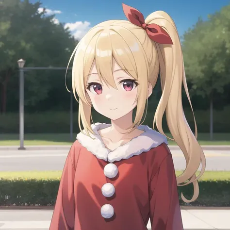 bofuri-frederica, santa costume, blonde hair, side ponytail, hair ribbon, collarbone, full body, solo, 1girl, masterpiece, many details, high quality, highres, outdoors <lora:bofuri-fredericaV3-000003:0.3>
