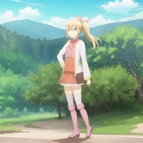 bofuri-frederica, pink skirt white thighhighs knee boots, blonde hair, side ponytail, hair ribbon, collarbone, full body, solo, 1girl, masterpiece, many details, high quality, highres, outdoors <lora:bofuri-fredericaV3-000003:0.9>