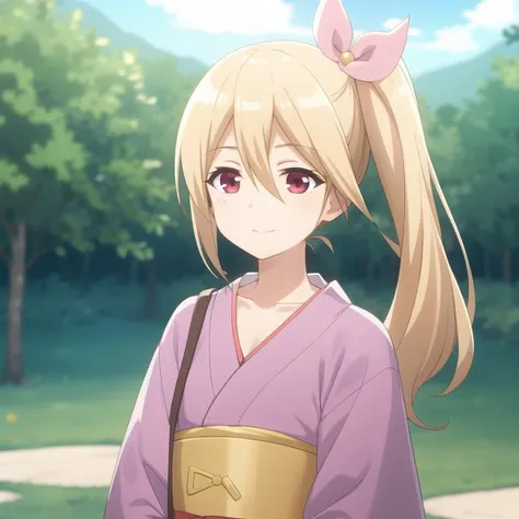 bofuri-frederica, yukata, blonde hair, side ponytail, hair ribbon, collarbone, full body, solo, 1girl, masterpiece, many details, high quality, highres, outdoors <lora:bofuri-fredericaV3-000003:0.5>