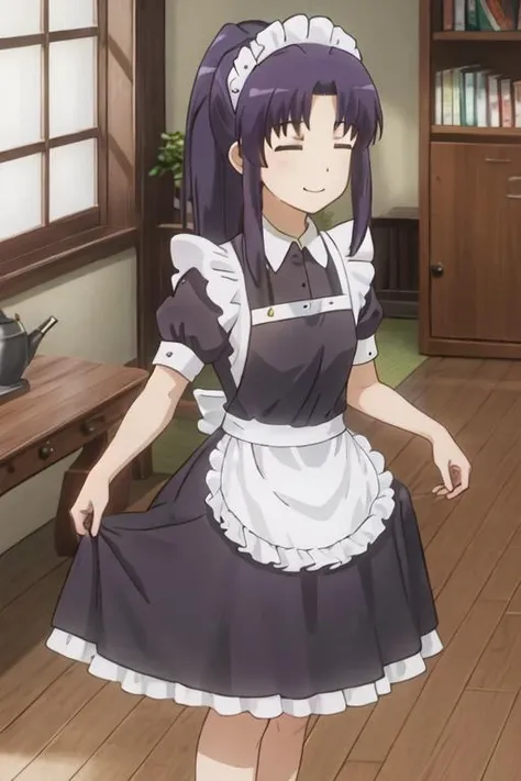 best quality, masterpiece, highres, solo, {maid:1.40}, {long maid dress:1.15}, {miyauchi_kazuho_nonnonbiyori:1.15}, closed_eyes, purple_hair, long_hair, smile, ponytail, blue_hair