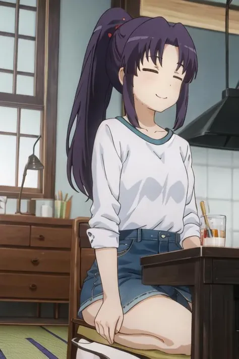 best quality, masterpiece, highres, solo, {miyauchi_kazuho_nonnonbiyori:1.15}, closed_eyes, purple_hair, long_hair, smile, ponytail, blue_hair, 1girl, =_=, shirt
