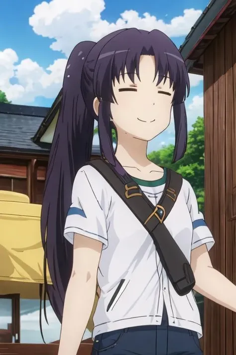 best quality, masterpiece, highres, solo, {miyauchi_kazuho_nonnonbiyori:1.15}, closed_eyes, purple_hair, long_hair, smile, ponytail, blue_hair, 1girl, cloud, sky, anime_coloring, day