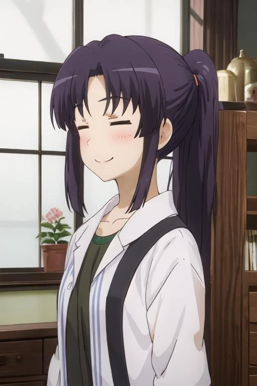best quality, masterpiece, highres, solo, {miyauchi_kazuho_nonnonbiyori:1.15}, closed_eyes, purple_hair, long_hair, smile, ponytail, blue_hair, 1girl, bangs, blush, portrait, sidelocks, closed_mouth, facing_viewer