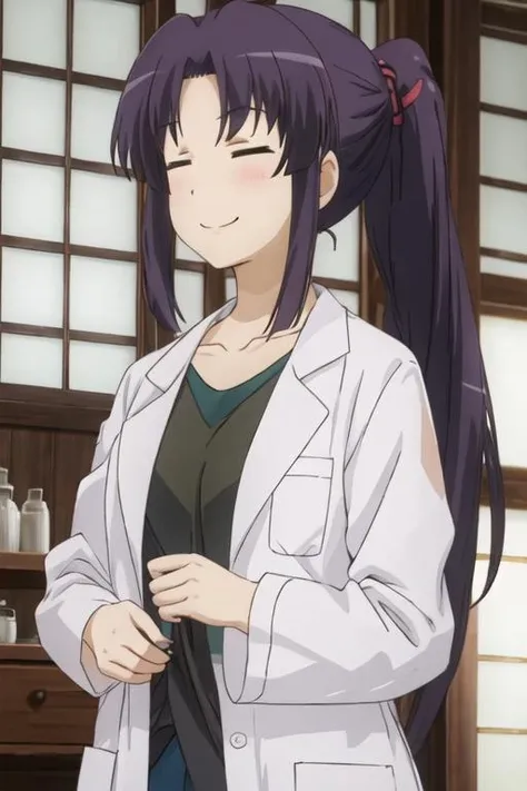 best quality, masterpiece, highres, solo, {miyauchi_kazuho_nonnonbiyori:1.15}, closed_eyes, purple_hair, long_hair, smile, ponytail, blue_hair, 1girl, closed_mouth, collarbone, labcoat, shirt, upper_body, bangs, green_shirt, sidelocks, indoors, parted_bangs