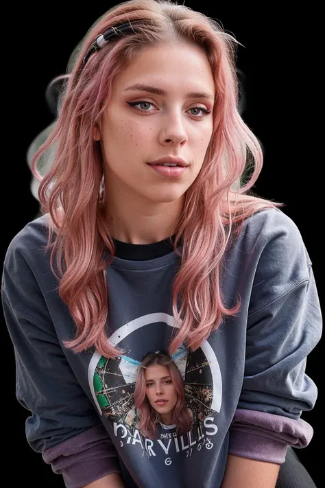 photograph of <lora:ShurjokaV2:0.9>woman-with-long-[pink|blonde|pink]-hair, [black-eyes:0.25], makeup, (oversized sweatshirt), gamer-girl, stoic, olan mills photography