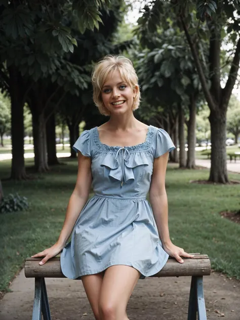 [professional::0.3][intricate:0.3:0.7][analog:0.7]-photography, <lora:gjhawn:0.85>gjhawn with short-blonde-pixie-hair, (big-smile, laughing), in a blue-dress, retro 6 0 s fashion, 6 0 s color palette, 1960s style, relaxing in a park, [film-grain:0.5], picture-perfect