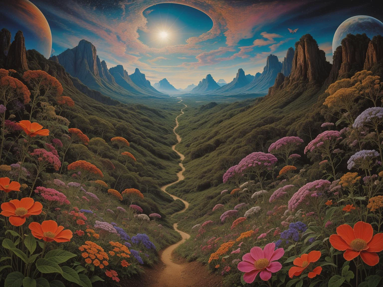 [professional::0.3][intricate:0.3:0.7][digital:0.7]-photography, <lora:psychedelic-landscape:0.6> photograph, psychedelic alien-landscape, alien-skies, sci-fi fantasyscape, (butterfly)-garden, (diorama:1.2), picture-perfect