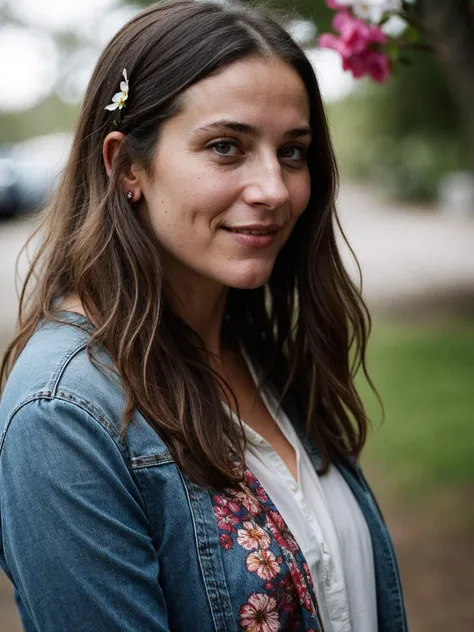 cinematic film still a relaxed (50-year-old)-woman named-(Victoria:1.3),[ gray-eyes:0.15,], a hippie from the year 1969, (a flower decorates her hair), bold-psychedelic-print-clothes, bell-bottom-jeans, candid captivating image, a character portrait by Maud Naftel . shallow depth of field, vignette, highly detailed, high budget, bokeh, cinemascope, moody, epic, gorgeous, film grain, grainy