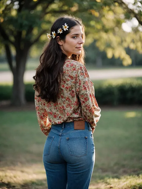 cinematic film still a relaxed (40-year-old)-woman named-(Jessica:1.3),[ light-Brown-eyes:0.15,], a hippie from the year 1969, (a flower decorates her hair), bold-psychedelic-print-clothes, open-blouse, cleavage, bell-bottom-jeans, farm, candid captivating image, from behind, a character portrait by Maud Naftel . shallow depth of field, vignette, highly detailed, high budget, bokeh, cinemascope, moody, epic, gorgeous, film grain, grainy