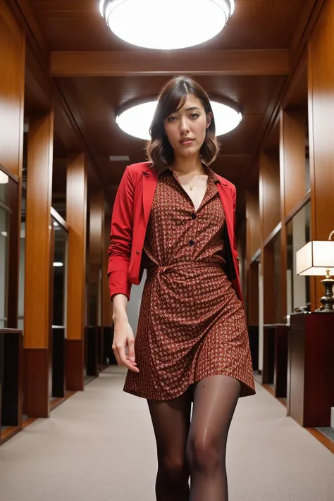 photograph, fashion editorial style, cinematic, <lora:miz_asahi_lora:0.9> 25-year-old japanese-woman, wearing simple-pattern-red-dress, panty-hose underneath, standing in an opulent contemporary hall, walking, 35mm photograph, film, bokeh, professional, 4k, highly detailed, casual-clothing, trendy, stylish, editorial, magazine style, professional, highly detailed