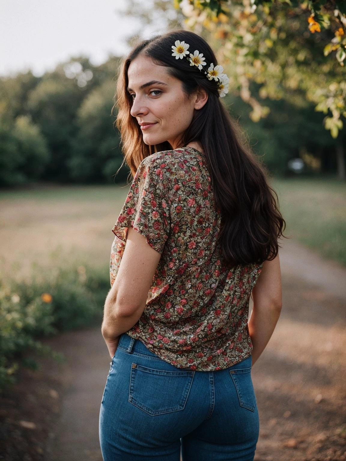 cinematic film still a relaxed (old)-woman named-(Victoria:1.3),[ black-eyes:0.15,], a hippie from the year 1969, (a flower decorates her hair), bold-psychedelic-print-clothes, open-blouse, cleavage, bell-bottom-jeans, farm, candid captivating image, from behind, a character portrait by Maud Naftel . shallow depth of field, vignette, highly detailed, high budget, bokeh, cinemascope, moody, epic, gorgeous, film grain, grainy