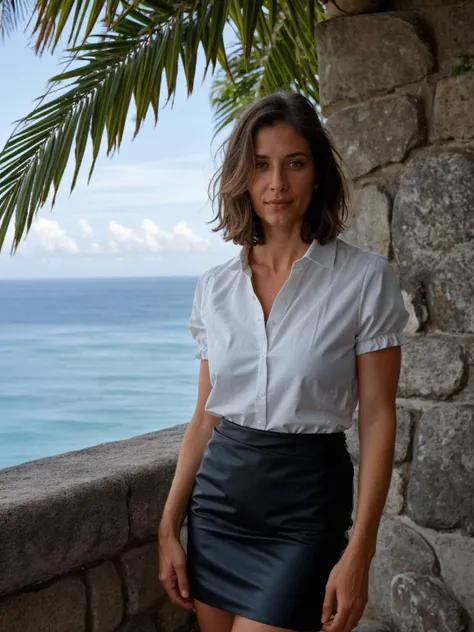 photograph of 32-year-old with sleek brown bob, cool grey eyes. Muscular build, composed demeanor. Steady gaze, sharp focus, standing, woman wearing <lora:sk1rtnbl0useng:0.6> sk1rtnbl0useng, white shirt, black skirt, overlooking ocean, tropical foliage, distant islands, clear sky, stone wall, olan mills photography