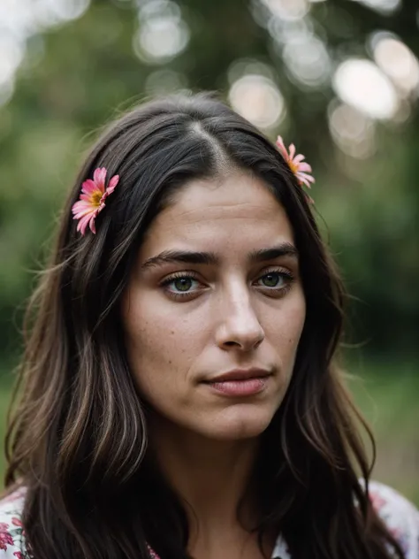 cinematic film still a relaxed (25-year-old)-woman named-(Tammy:1.3),[ black-eyes:0.15,], a hippie from the year 1969, (a flower decorates her hair), bold-psychedelic-print-clothes, candid captivating image, a character portrait by Maud Naftel . shallow depth of field, vignette, highly detailed, high budget, bokeh, cinemascope, moody, epic, gorgeous, film grain, grainy
