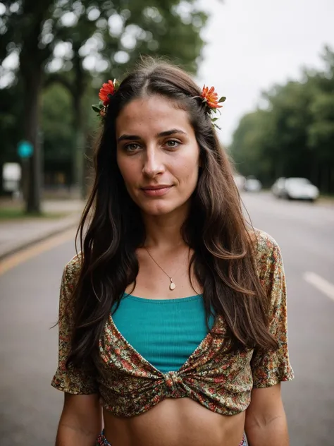 cinematic film still a relaxed (40-year-old)-woman named-(Cynthia:1.3),[ emerald-colored-eyes:0.15,], a hippie from the year 1969, (a flower decorates her hair), bold-psychedelic-print-clothes, crop-top, bell-bottom-jeans, candid captivating image, a character portrait by Maud Naftel . shallow depth of field, vignette, highly detailed, high budget, bokeh, cinemascope, moody, epic, gorgeous, film grain, grainy