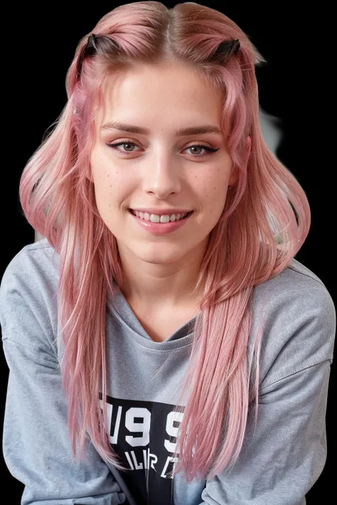 photograph of <lora:ShurjokaV2:0.9>woman-with-long-[pink|blonde|pink]-hair, [black-eyes:0.25], makeup, (oversized sweatshirt), gamer-girl, natural smile, olan mills photography