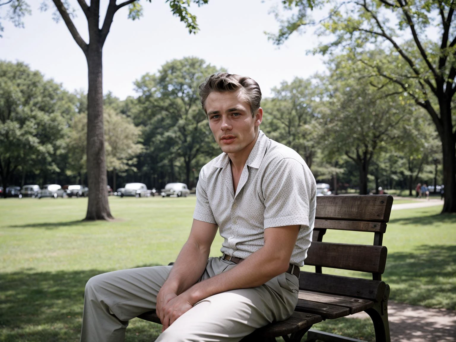 RAW photo, <lora:James Dean_j2ms3d5:1> j2ms3d5 man[ with blue-eyes:0.3], retro 50s fashion, 50s color palette, 1950s style, he is seated in a park bench (high detailed skin:1.2), 8k uhd, dslr, soft lighting, high quality, film grain, Fujifilm XT3