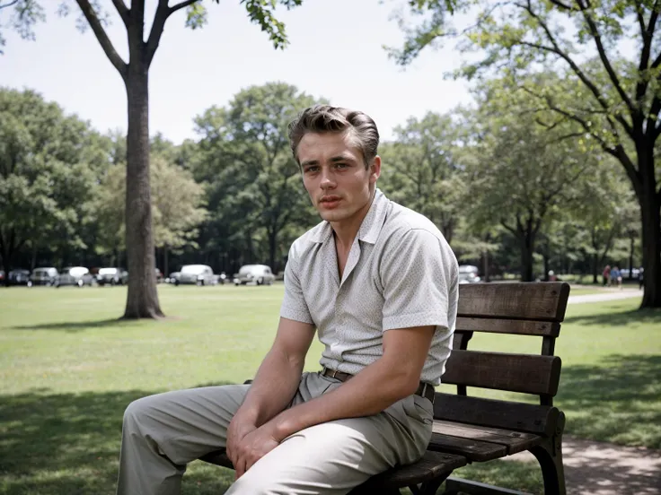RAW photo, <lora:James Dean_j2ms3d5:1> j2ms3d5 man[ with blue-eyes:0.3], retro 50s fashion, 50s color palette, 1950s style, he is seated in a park bench (high detailed skin:1.2), 8k uhd, dslr, soft lighting, high quality, film grain, Fujifilm XT3