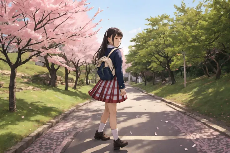 a school girl walking through a road with sakura trees with petals falling