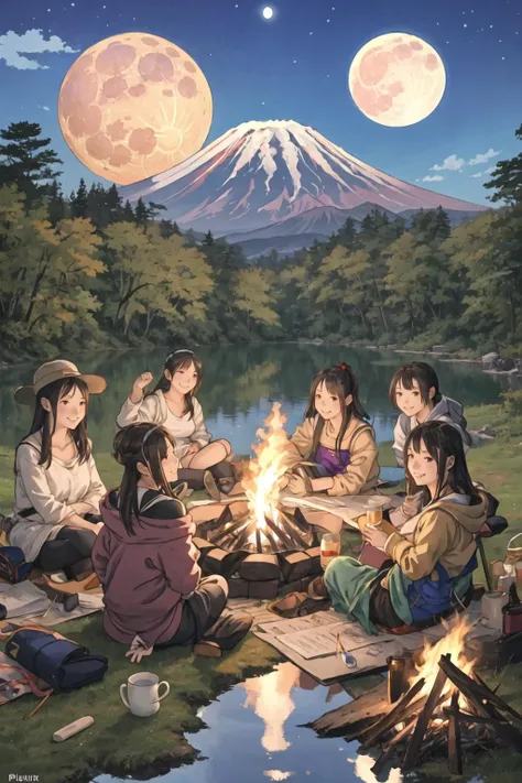 a group of young girls camping near a lake with Mount Fuji in the background, full moon, moonlight, bonfire, tent, lamp, smile, girls around bonfire, drinking from mugs, looking at viewer, best quality, high resolution, extremely detailed, professional, illustration, trending on pixiv, masterpiece, cinematic lighting, anime art style,