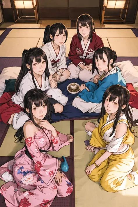 a group of girls having a pillow fight in a tatami room with futons, looking at viewer, best quality, high resolution, extremely detailed, professional, illustration, trending on pixiv, masterpiece, cinematic lighting, anime art style,