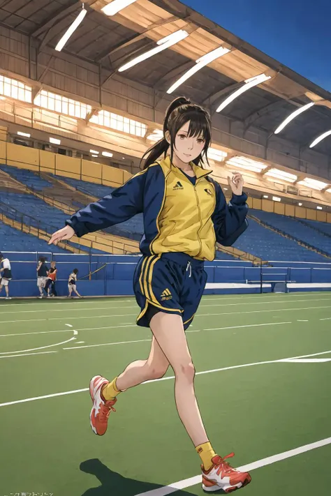 a girl in track suit stretching in a running track, looking at viewer, best quality, high resolution, extremely detailed, professional, illustration, trending on pixiv, masterpiece, cinematic lighting, anime art style,