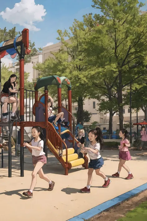 a group of young girls playing on a public playground